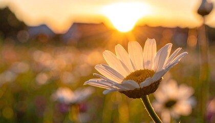 A close-up showcases a daisy in soft focus, catching the golden hour glow. Other blooms dot a field, with a setting sun