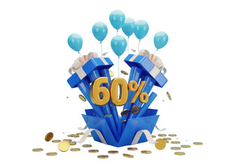 Exploding gift box with sixty percent discount and balloons isolated on transparent background