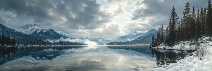 Calm reflective lake surrounded by snow-covered trees and majestic snow-capped mountains under a cloudy sky
