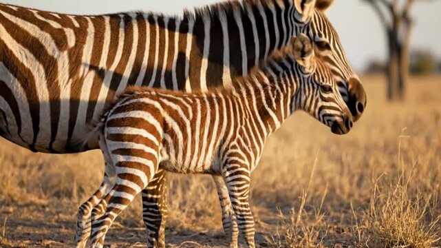 Baby zebra foal standing close to its mother for protection in the African savanna