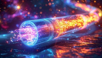 A close-up showing a fiber optic cable, illuminating glowing particles, creating a dazzling display of light and motion