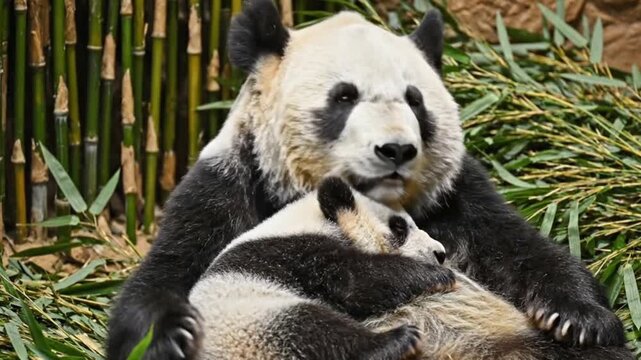 Giant Panda Mother Cradling Her Cub Amidst Lush Bamboo Forest