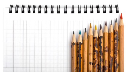 A close-up studio shot shows an open spiral-bound notebook and a row of colored pencils with worn wood