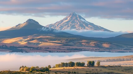 Naklejka premium Mount hood with fog and golden fields