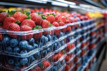 Rows of fresh strawberries and blueberries packed in transparent plastic containers on a grocery store shelf under bright lighting
