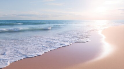 Obraz premium Calm Ocean Waves Gently Lapping Against Soft Sandy Beach at Sunrise with Beautiful Pastel Sky