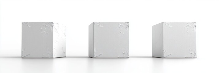 Three white textured cubes arranged in a row on a reflective white surface with subtle shadows