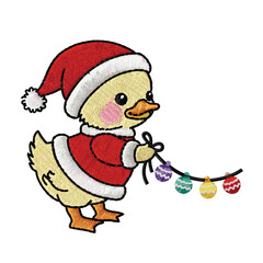 Cute duck in santa costume with christmas lights embroidery vector art.