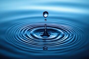 Close-up of a single water droplet suspended above a calm water surface creating ripples and reflections, evoking a sense of tranquility and purity
