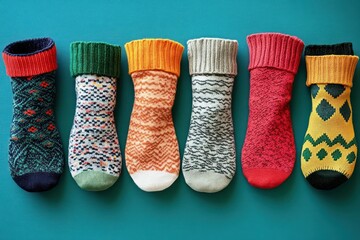 Colorful assorted woolen socks with different patterns neatly aligned on a blue background evoking warmth and coziness