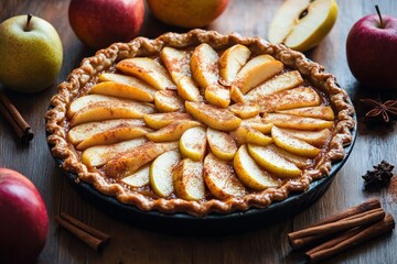 Freshly baked apple pie with neatly arranged cinnamon-spiced apple slices on a wooden table surrounded by whole apples and cinnamon sticks