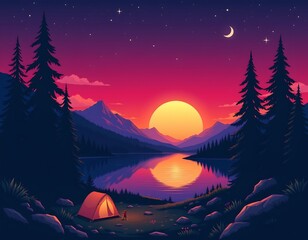 Fototapeta premium Serene Lakeside Sunset with Camping Under Starry Sky