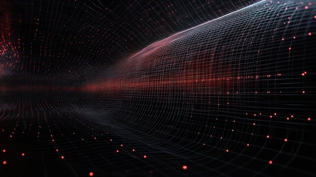 Abstract digital landscape of flowing grid lines and red glowing dots creating a sense of depth and motion in dark space - Powered by Adobe