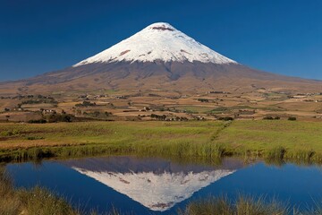 Snowy volcano peak reflected in tranquil pond