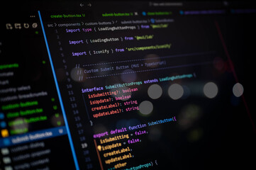 Close-up image of a TypeScript code editor showing UI component development in VS Code, focusing on interface design and props declaration, perfect for software, coding, or tech concepts.
