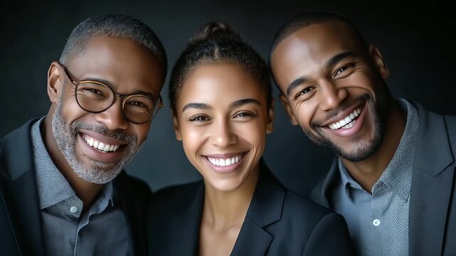 Three diverse business professionals, including a young adult Black woman and two men (one middle-aged, one young adult), smiling and standing in suits against a transparent backgr