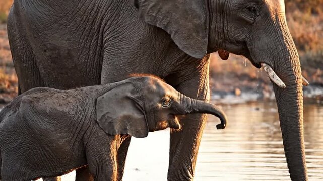 Elephant Calf and Protective Mother at Waterhole in Wild