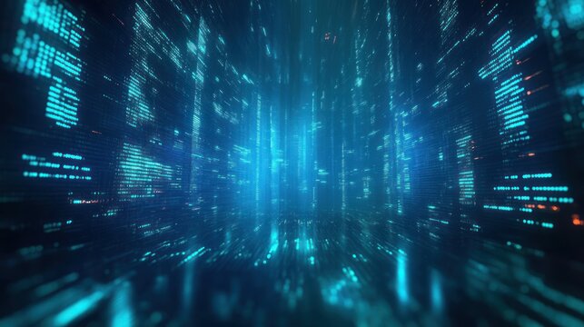 Abstract digital tunnel with glowing blue data streams creating a sense of depth and motion in a futuristic cyberspace environment