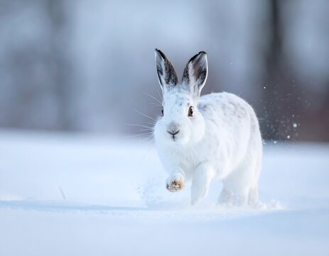 A snowshoe hare sprints across a snow-covered field, ears erect, paws kicking up powder, blurring the background