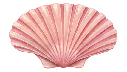 Pink scallop shell, symmetrical, delicate surface ridges and shine, isolated object render, no background.
