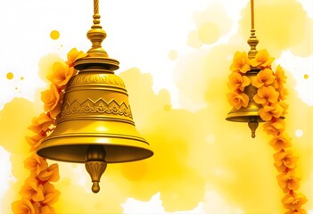  Turmeric Yellow Watercolor Theme &mdash; vibrant yellow and gold watercolor wash with temple bells and jasmine garlands, symbolizing South Indian festivity.