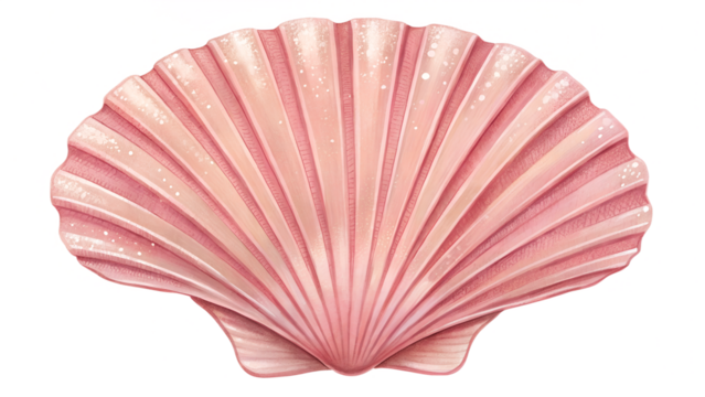 Pink scallop shell, symmetrical, delicate surface ridges and shine, isolated object render, no background.