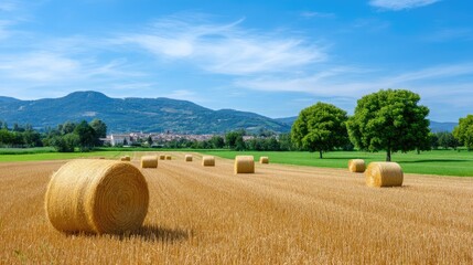 Fototapeta premium Scenic Landscape of Bales in Golden Field Under Clear Blue Sky with Rolling Hills and Green Trees in Background
