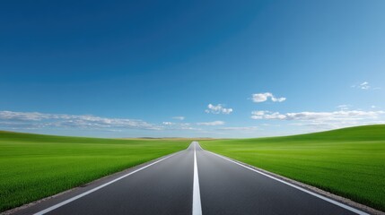 Scenic Road Stretching into Clear Blue Sky Over Lush Green Fields with Soft White Clouds in a Tranquil Landscape