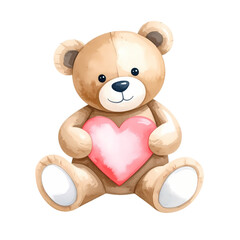 Obraz premium Watercolor teddy bear gently holds a pink heart, set against a transparent backdrop for Valentine's