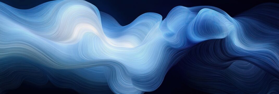 Abstract swirling blue and white lines forming fluid wave-like shapes against a dark background, evoking a sense of calm and flowing motion