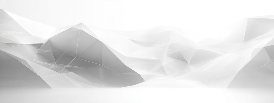 Abstract white and gray polygonal low poly mountains with geometric shapes and soft lighting creating a futuristic and minimalist landscape