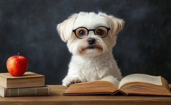 Small white dog wearing black-rimmed glasses sitting behind an open book on a wooden table with two closed books and a red apple next to it against a dark background