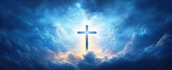A glowing cross illuminated by radiant light breaking through dramatic, swirling blue and white clouds in the sky, evoking a sense of hope and spirituality