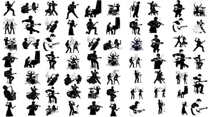 Massive Collection of Musician and Performer Silhouettes: Guitar, Saxophone, Violin, Drummer, Dancer, Live Music Band Vector Set