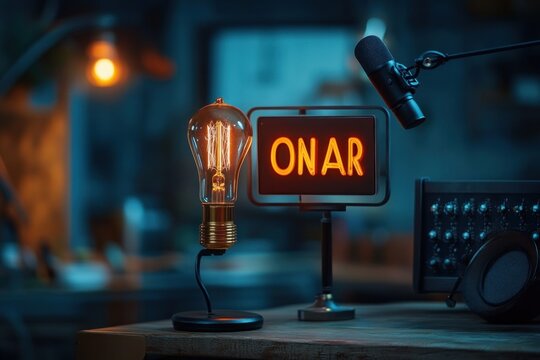 Vintage style microphone setup with glowing filament light bulb and illuminated on air sign in a dimly lit recording studio