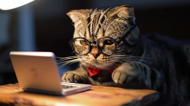 Clever Cat Wearing Glasses Working on Laptop.