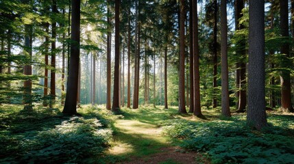 Fototapeta premium Serene Forest Pathway Surrounded by Tall Trees and Dappled Sunlight Filtering Through Green Foliage