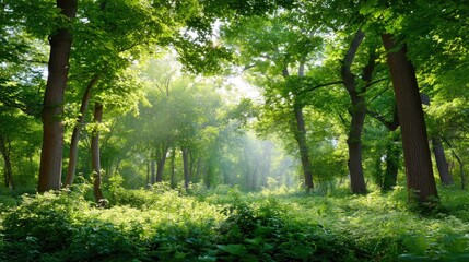 Obraz premium Lush Green Forest Landscape with Sunlight and Dense Foliage Creating a Serene Nature Scene