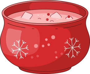 Illustration of a red punch bowl with snowflakes and ice cubes.