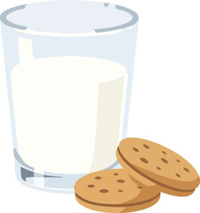 A classic and comforting snack of a glass of milk with two round sandwich cookies, isolated on a white background.