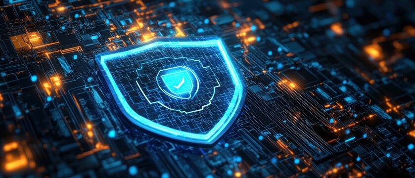Glowing blue digital shield with a checkmark on a dark futuristic circuit board representing cybersecurity and protection - Powered by Adobe