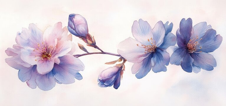 Delicate watercolor painting of a branch with soft purple and pink cherry blossoms and buds evoking calmness and natural beauty