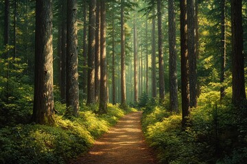 Fototapeta premium Sunlit forest path surrounded by tall trees and dense green undergrowth with warm light filtering through branches creating peaceful atmosphere