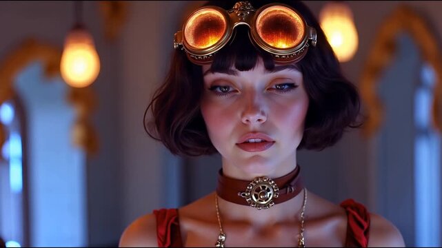 steampunk woman with short hair wearing brass goggles and leather gear choker necklace
