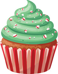 A delicious cupcake with green frosting and peppermint candies, in a red and white striped wrapper.