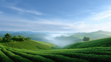Lush Green Tea Plantations under Blue Sky and Misty Mountains in Serene Landscape