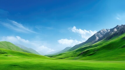 Fototapeta premium Lush Green Meadow Landscape Under a Bright Blue Sky with Mountain Peaks in the Background