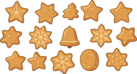A collection of various festive gingerbread cookies with icing decorations.