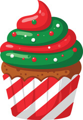 Festive cupcake with red and green frosting, decorated with sprinkles, in a striped wrapper.