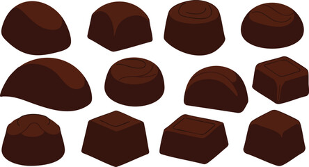 A collection of assorted dark chocolate confections arranged in a grid pattern.